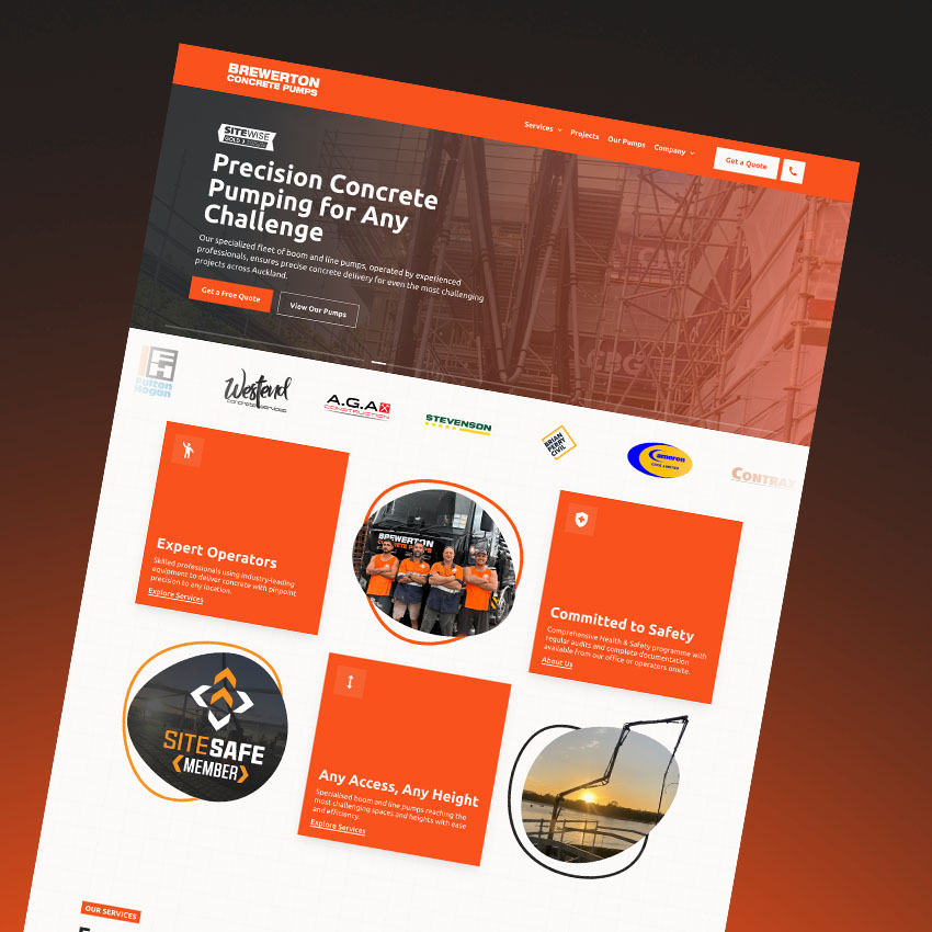 brewerton concrete pumps home page shown on a dark background