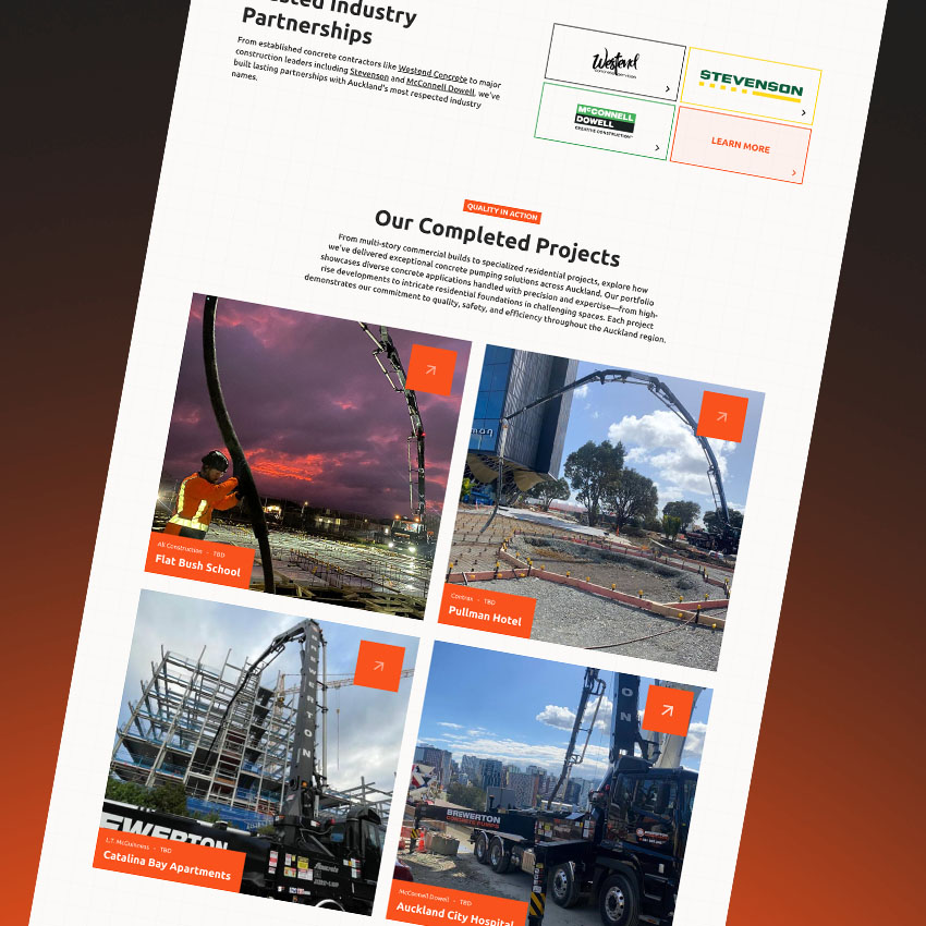 brewerton concrete pumps service area of their website shown on a black background