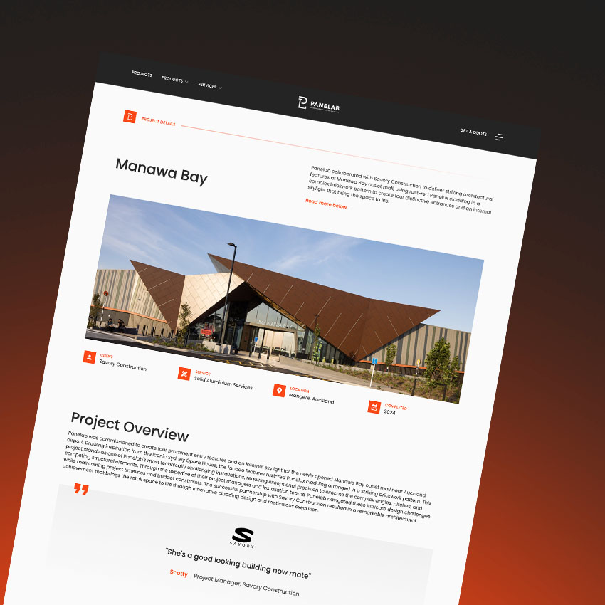 panelab website Manawa Bay project on dark background