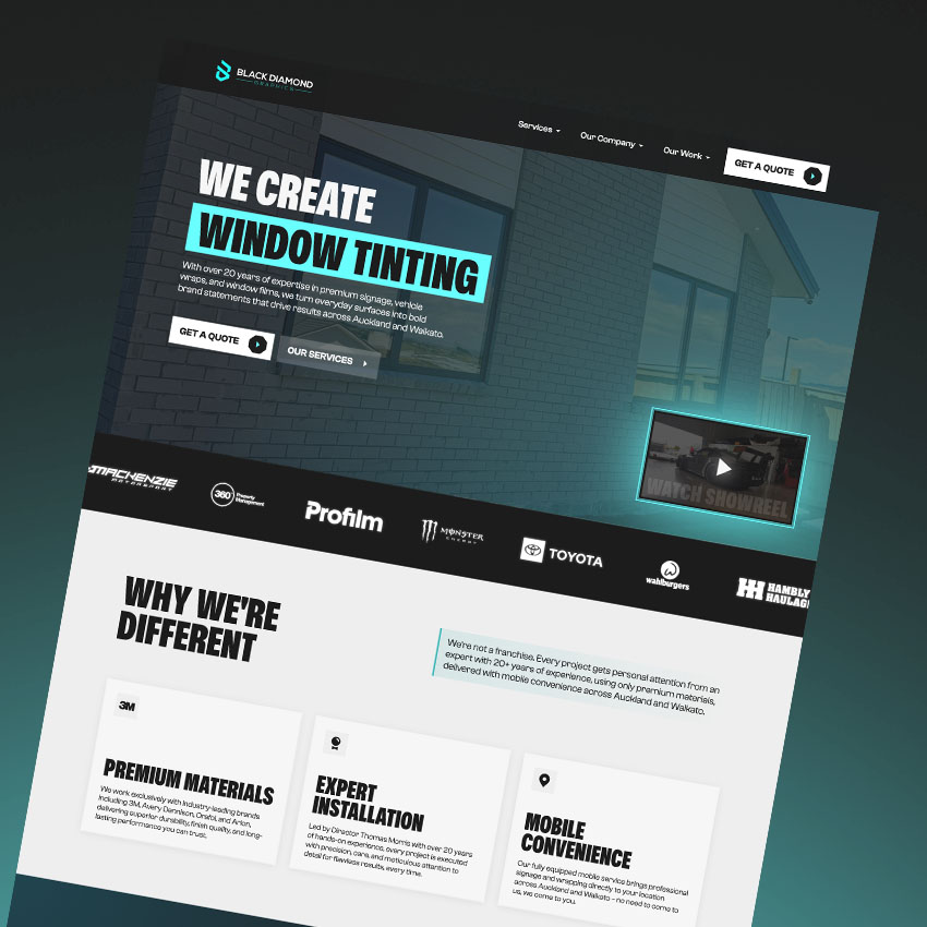 Black Diamond Graphics website home page shown on dark background