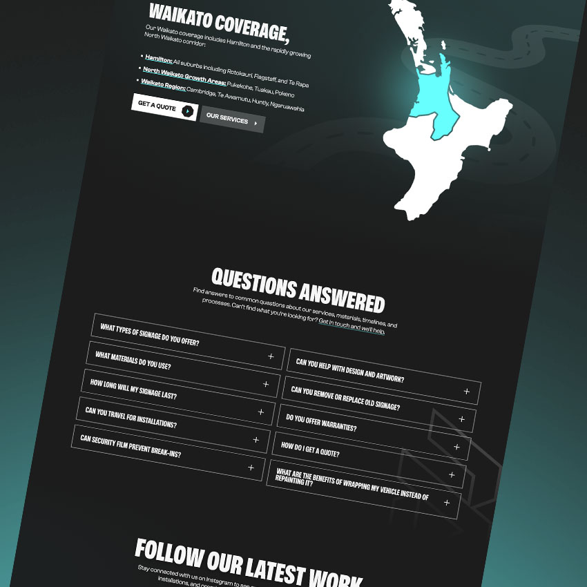 Black Diamond Graphics website FAQ and Area of service shown on dark background