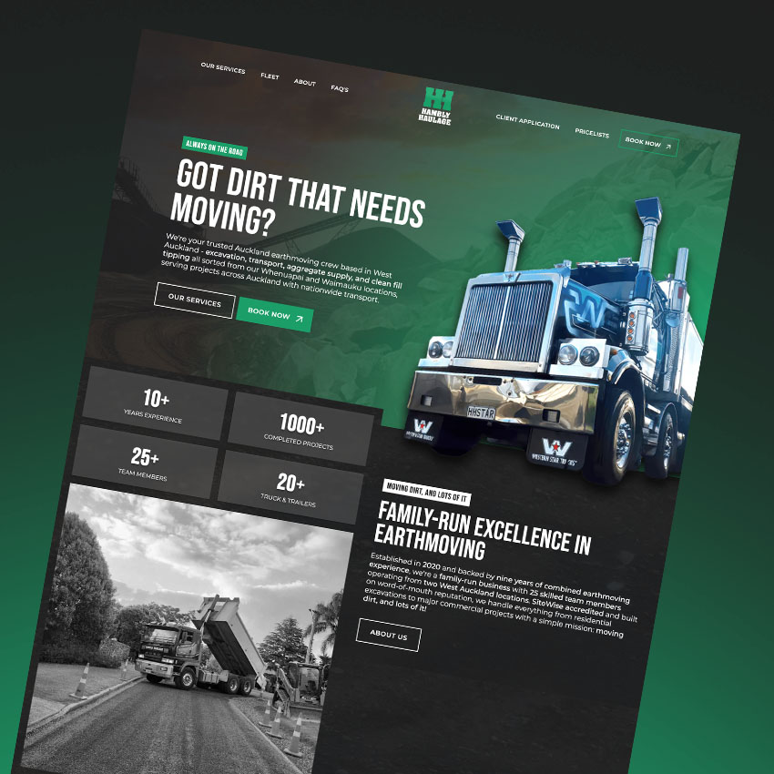 Hambly Haulage website Homepage shown on dark background