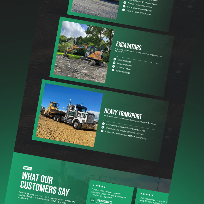Hambly Haulage website fleet area shown on dark background