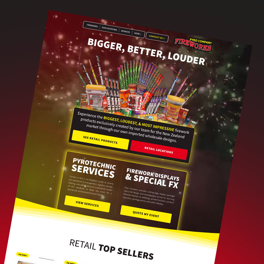 Pyro Company Fireworks website homepage shown on dark background