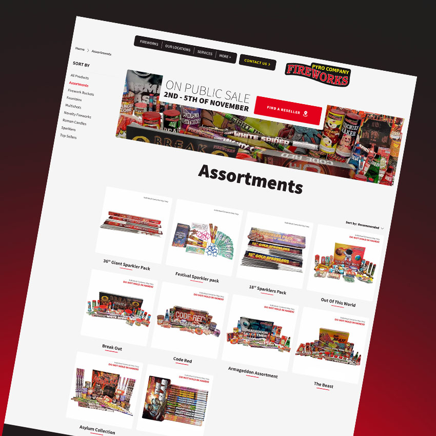 Pyro Company Fireworks website retail catelog shown on dark background