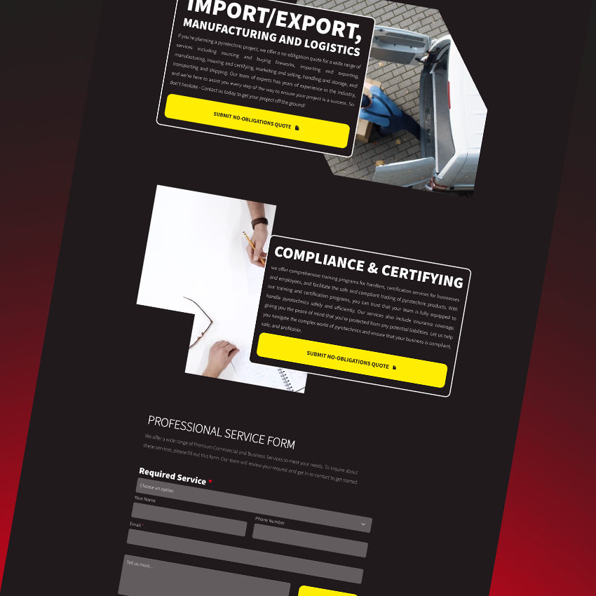 Pyro Company Fireworks website service page shown on dark background