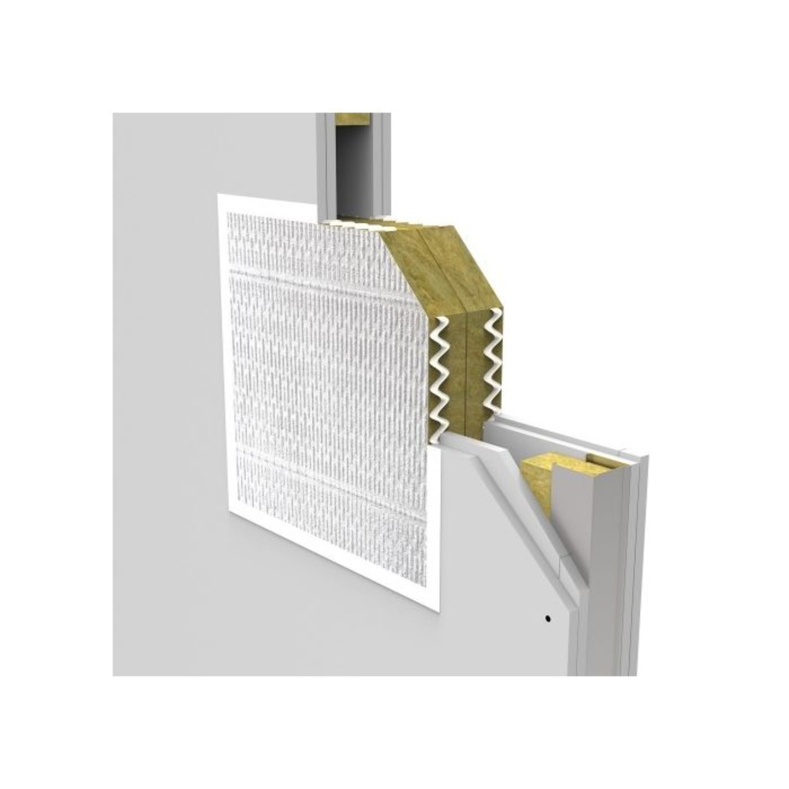 Referentiebeeld van een detail van een wandopening met gecoate platen en lagen minerale wol