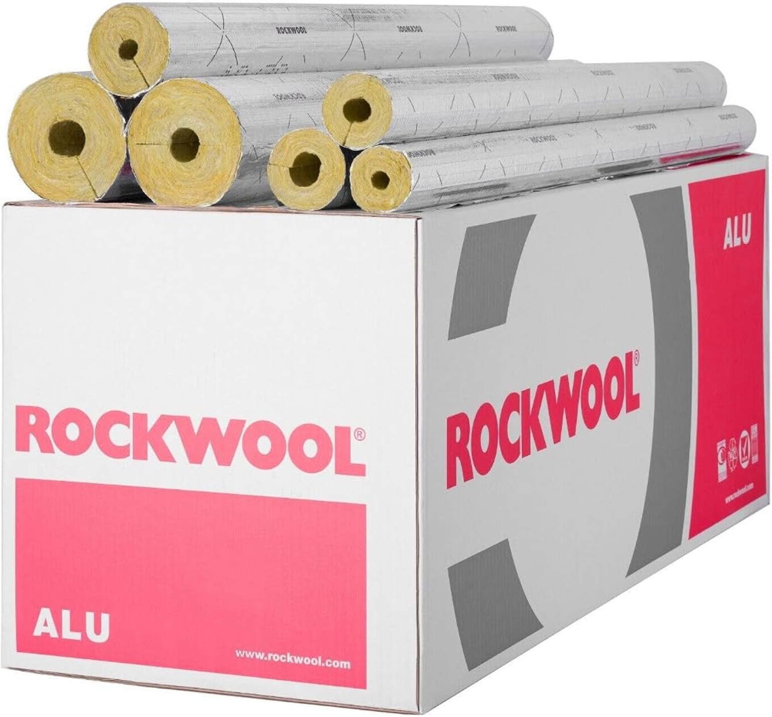 Foliebeklede ROCKWOOL-pijpschalen van minerale wol gestapeld op een ROCKWOOL-doos