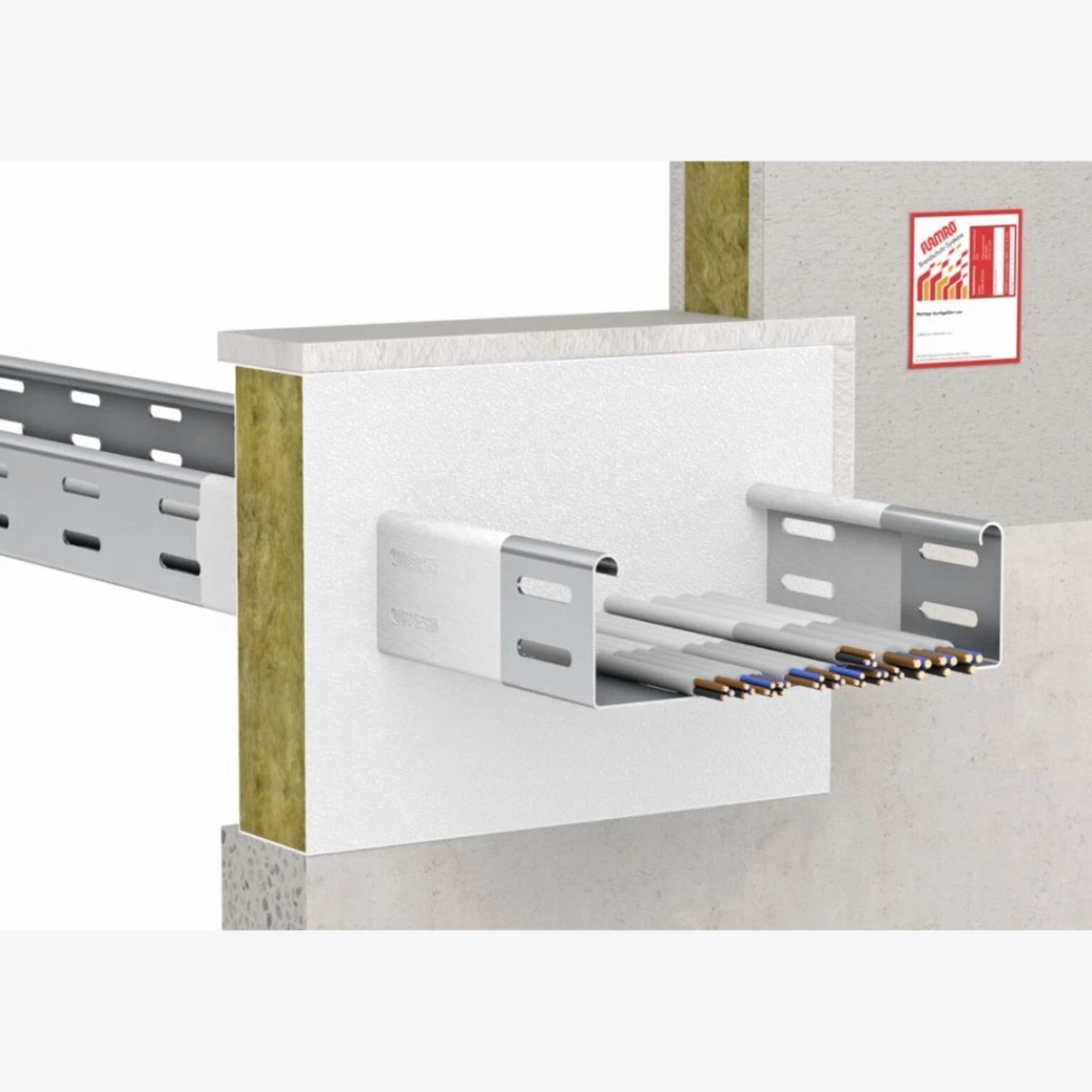 Referentiebeeld van een kabelgoot met kabels die door een met platen afgedichte wandopening loopt