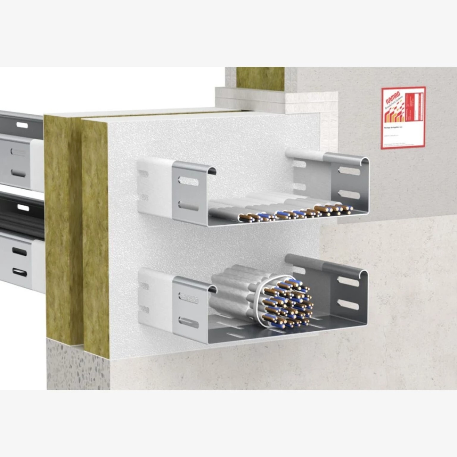 Referentiebeeld van twee kabelgoten met kabelbundels die door een met platen afgedichte wandopening lopen