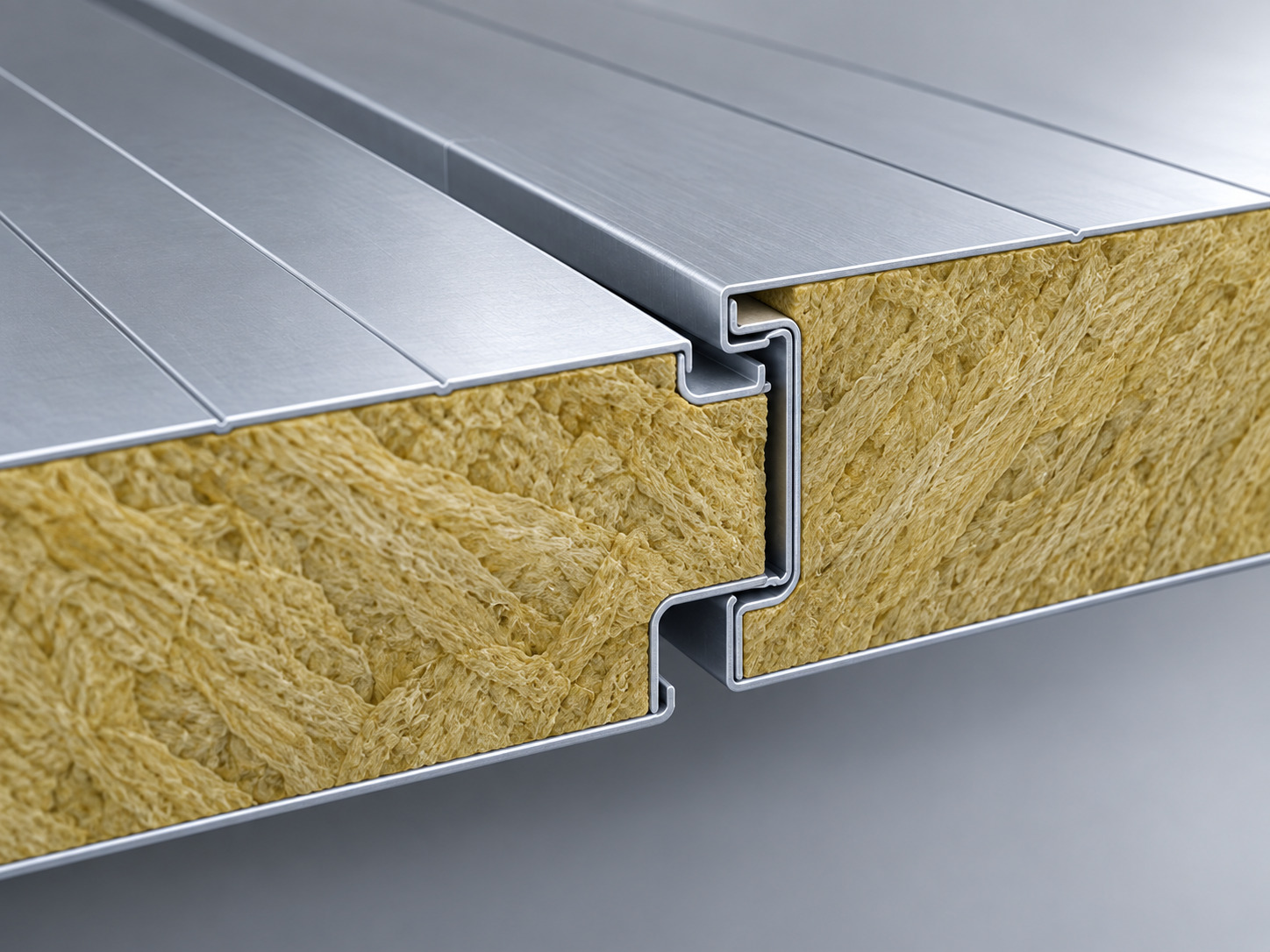 Technische illustratie van een opengewerkte naad tussen twee geïsoleerde panelen met metalen bekleding