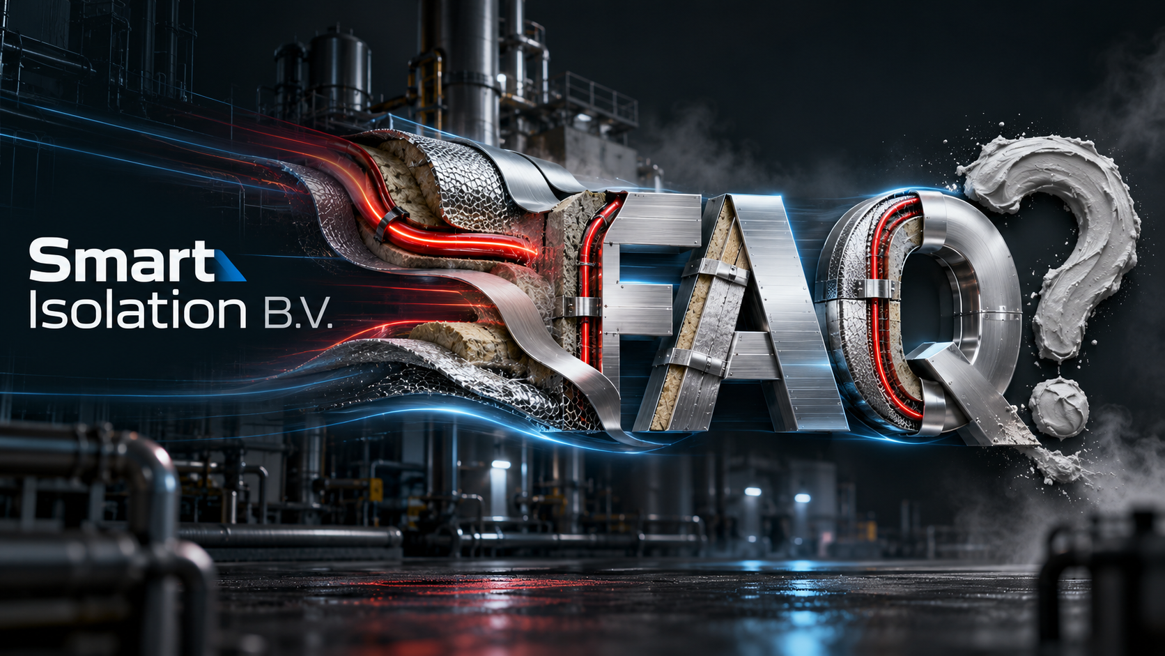 Banner met de letters FAQ en het logo van Smart Isolation B.V. tegen een achtergrond van geïsoleerde leidingen in een industriële installatie