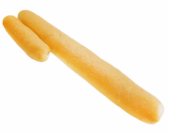 Two golden baguettes on a white background, one longer and one shorter.