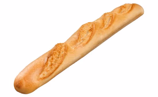 Single fresh French baguette bread with crusty golden surface on white background.