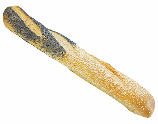 Long baguette bread with poppy seeds on one end and sesame seeds on the other.