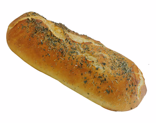 Loaf of herb-topped focaccia bread with a golden crust on a white background.