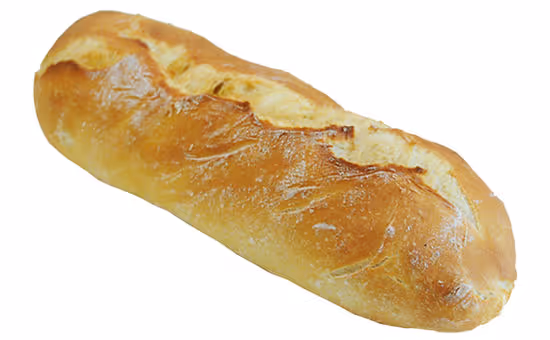 Loaf of crusty white bread with a golden-brown baked surface isolated on white background.