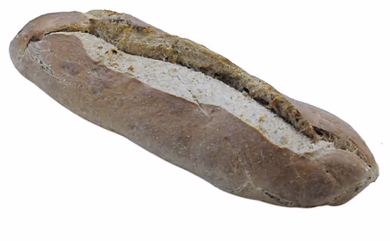 Loaf of rustic brown bread with a thick crust and a split top showing white flour.