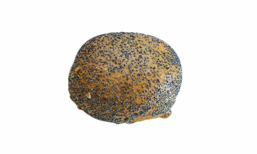 Round bread roll topped with black poppy seeds on a white background.