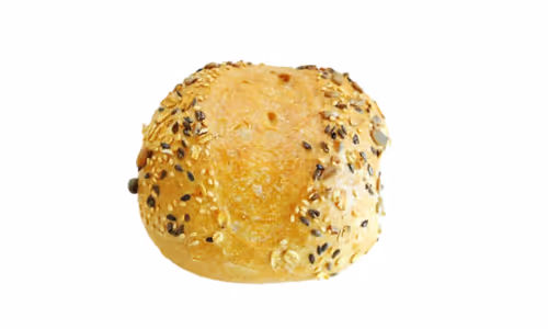 Small round bread roll topped with mixed seeds including sesame and flax seeds.