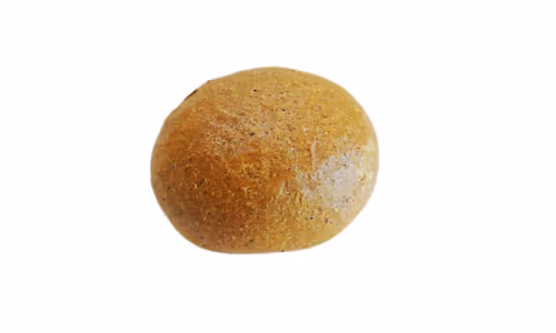 Round golden brown bread roll with a slightly floured crust on a white background.