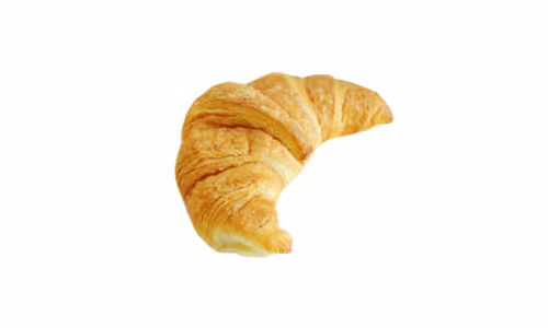 Golden brown croissant with flaky, layered texture on a white background.
