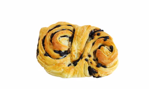 Sweet Franzbrötchen pastry with chocolate chips on golden flaky dough.