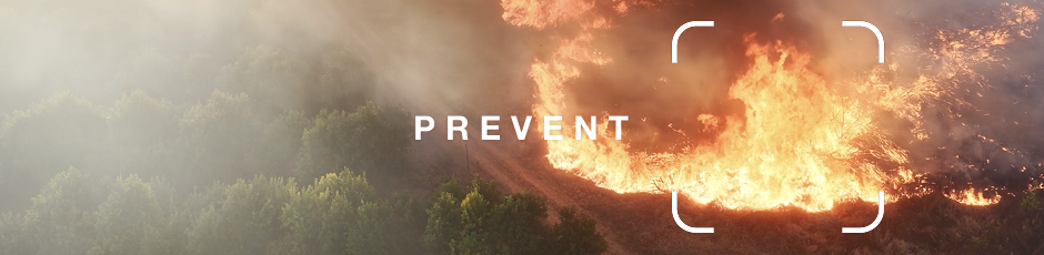 A wildfire burning in a forest with the word PREVENT overlaid in white text.