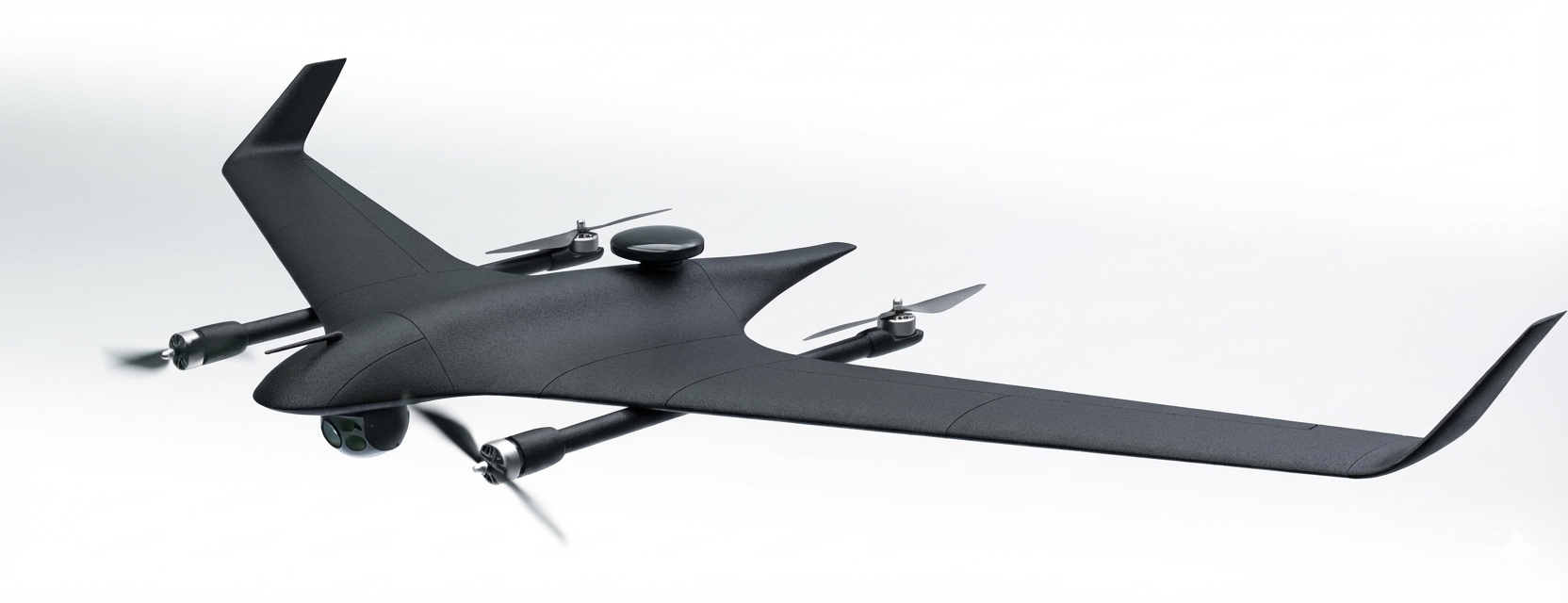 Black unmanned aerial vehicle drone with fixed wings and four propellers positioned on a white background.