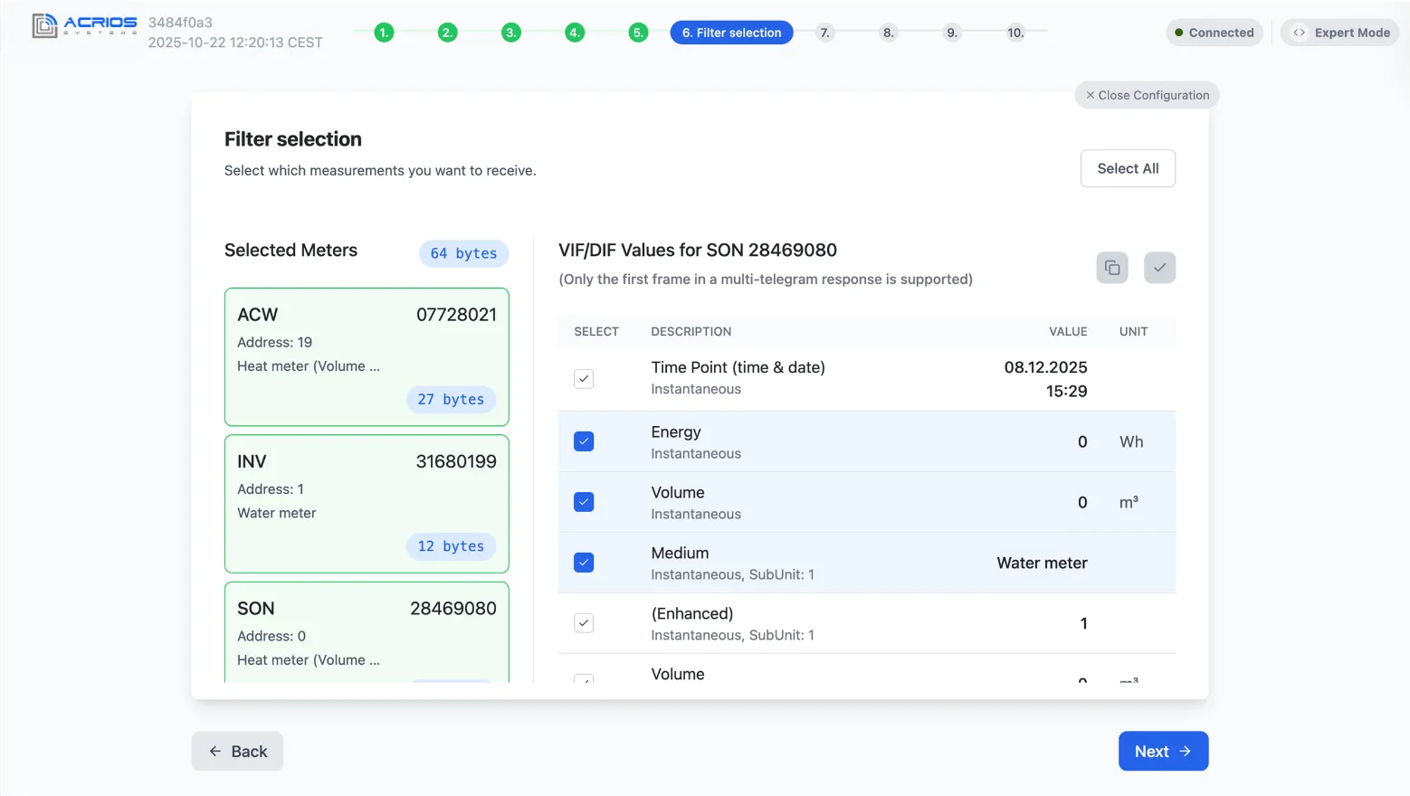 Web installation tool for ACRIOS converters, called Wizard, showing installation step no.2: choosing data.