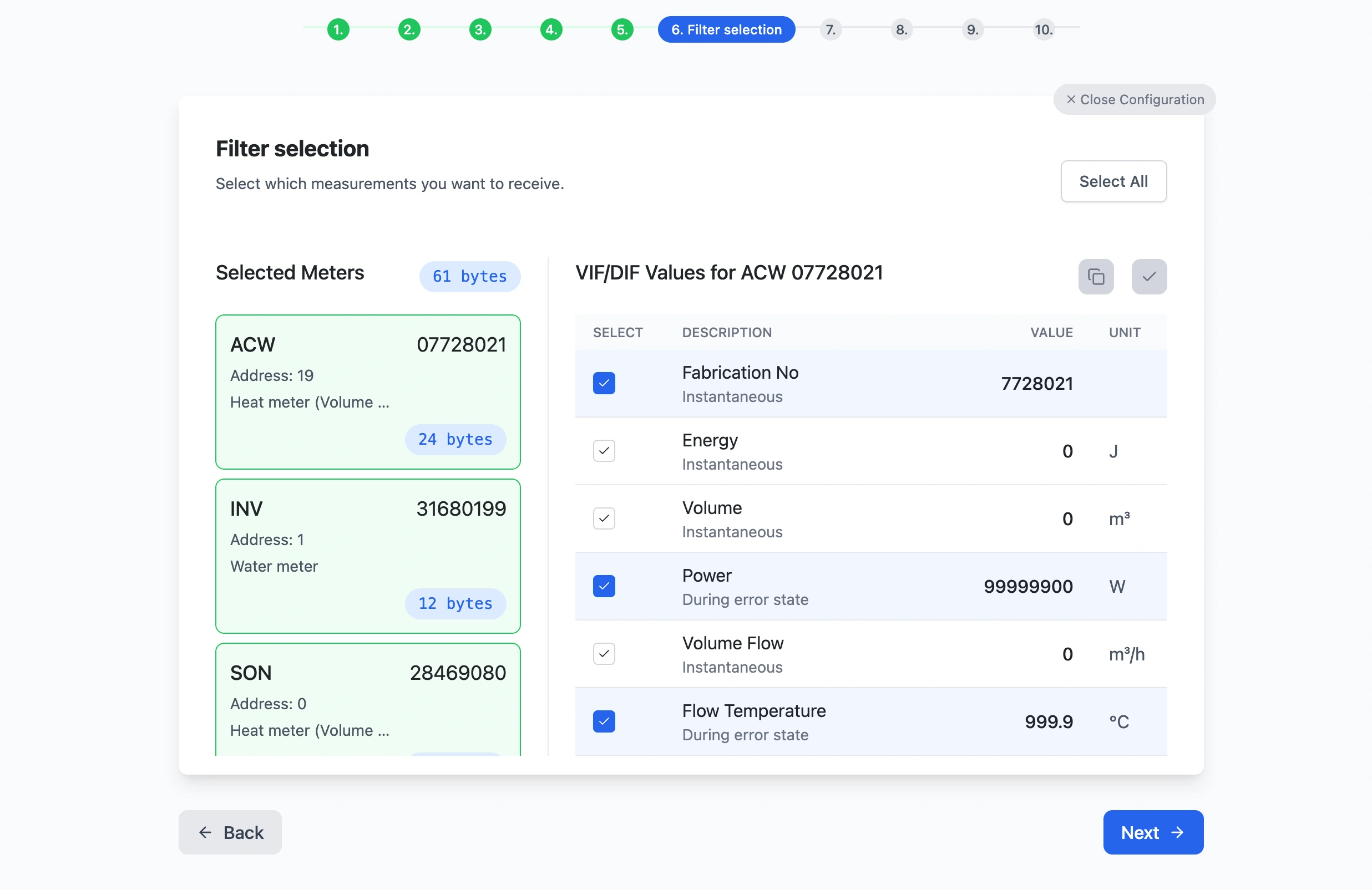 M-Bus VIF/DIF filtering in the ACRIOS configuration Wizard
