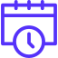 Blue calendar icon with a clock symbol inside.