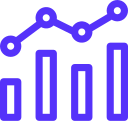 Blue bar chart with five bars of varying heights and a connected line graph above them.