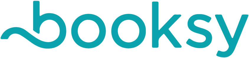 Booksy brand name in teal lowercase letters with a stylized 'b' incorporating a wave design.
