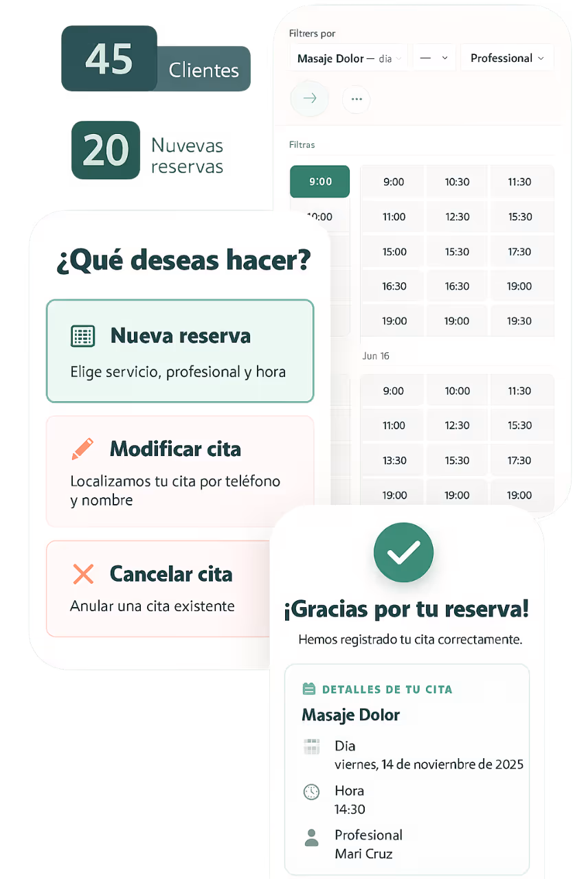 User interface in Spanish showing client and reservation counts, options to create, modify, or cancel appointments, time slot selections, and a confirmation of a booked massage appointment with details.