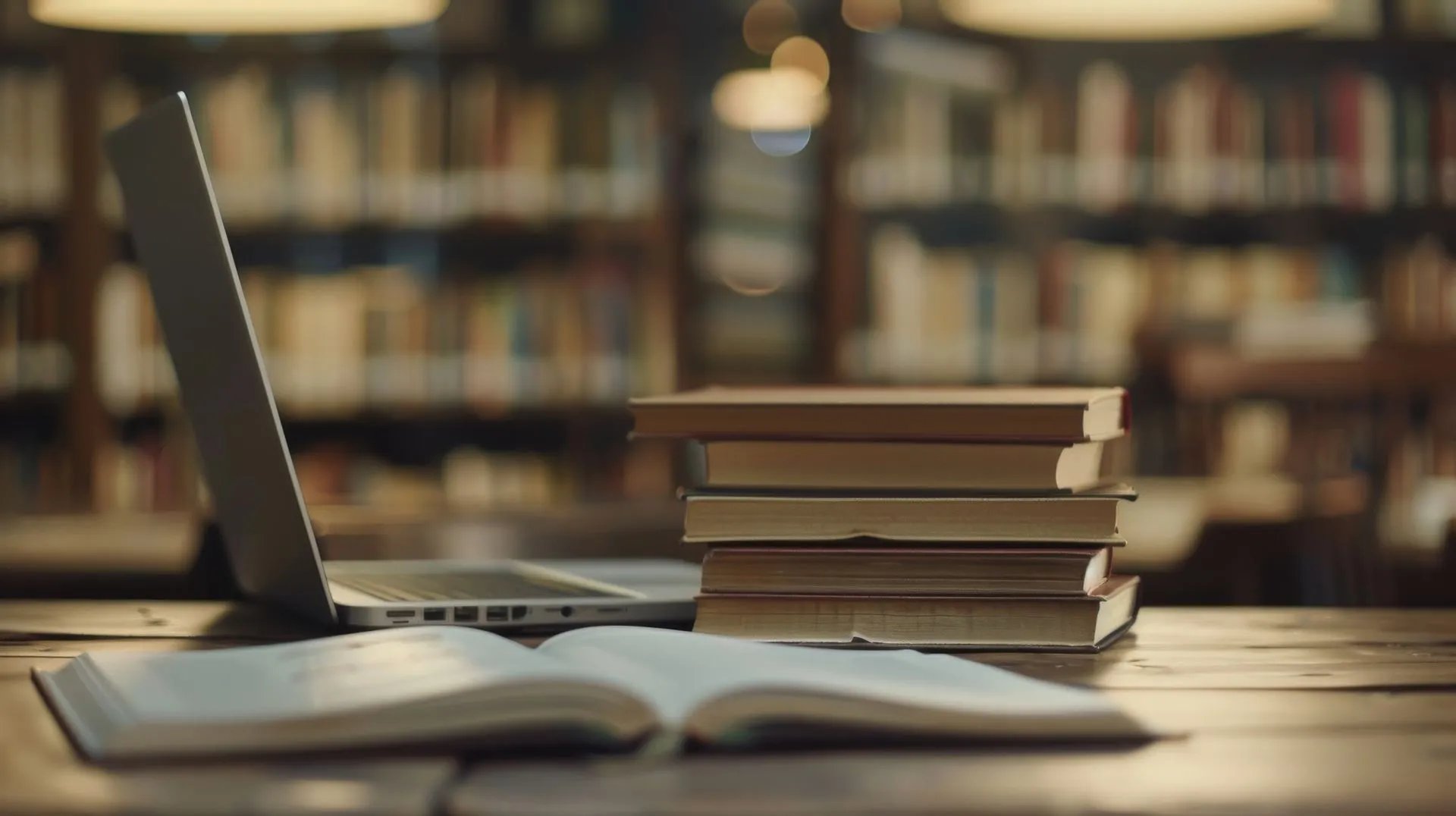 Open laptop next to a stack of books and an open book on a wooden table in a library.