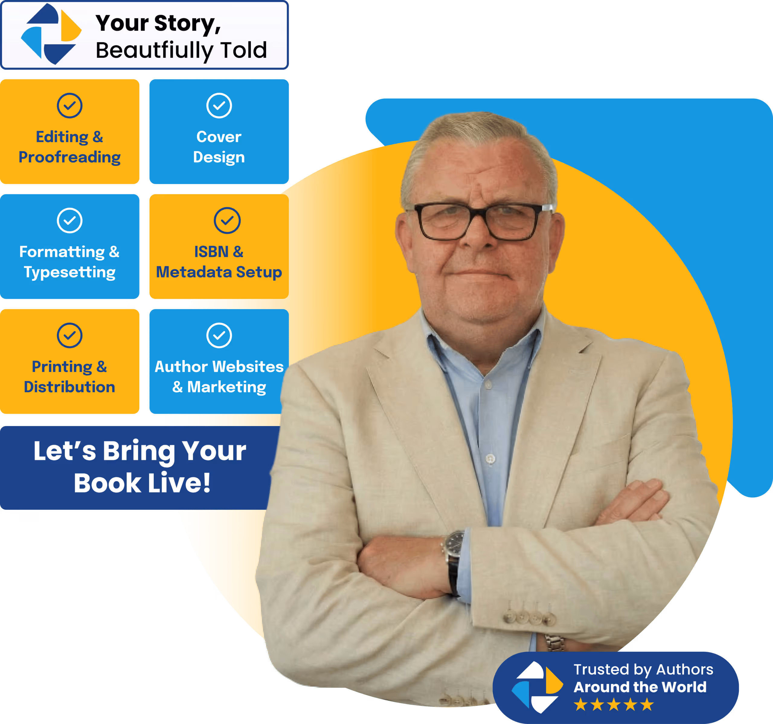 Middle-aged man with glasses in beige suit jacket standing with arms crossed, alongside text about book publishing services.