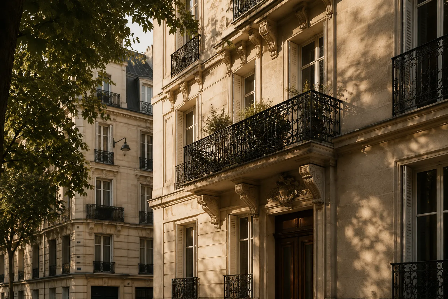 Façade d'un immeuble parisien élégant, lumière de fin de journée