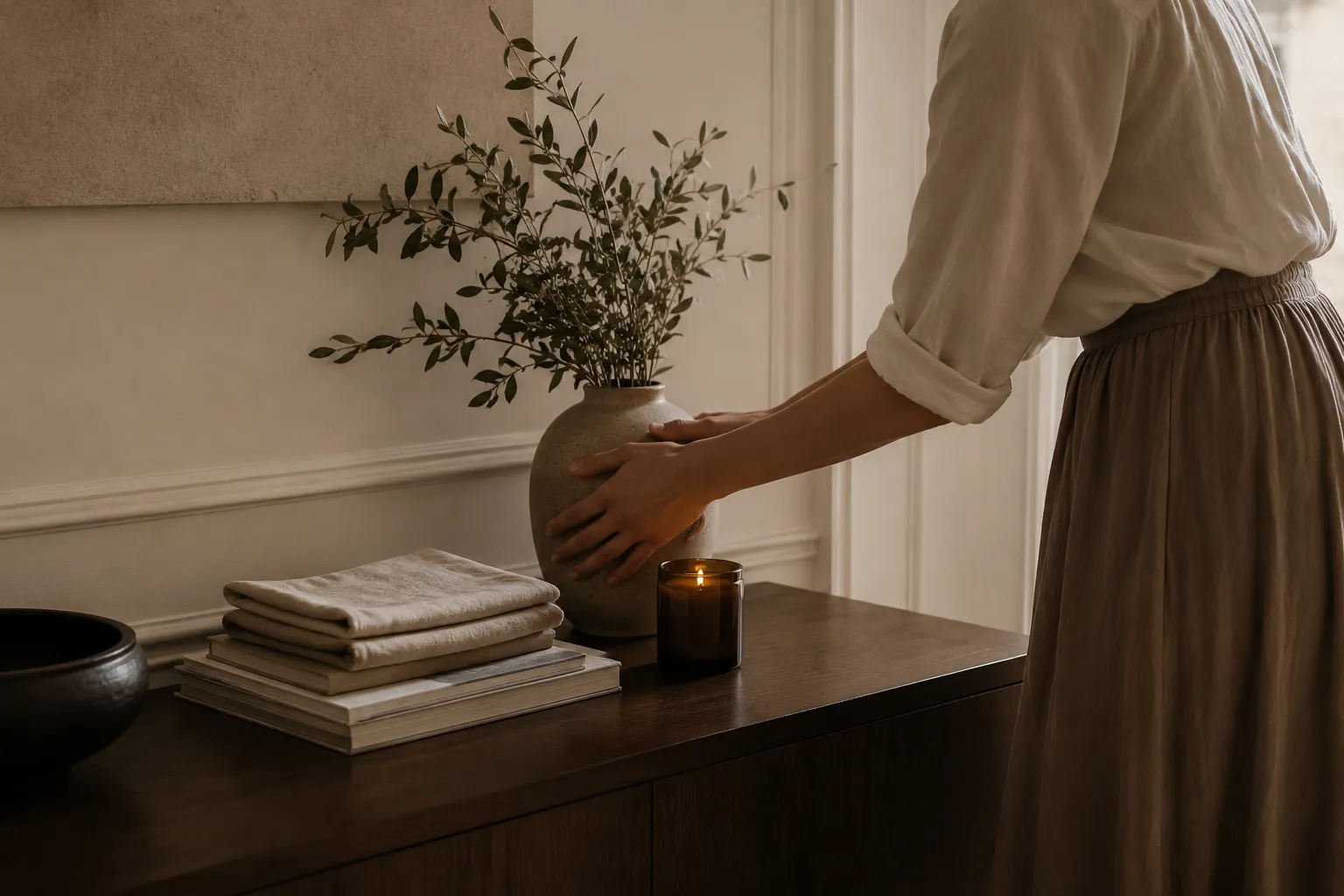 Mains posant un vase en céramique lors d'une mise en scène décorative