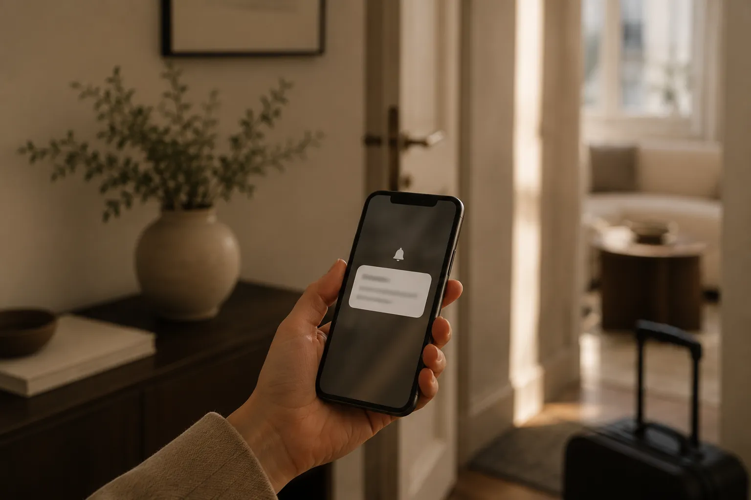 Main tenant un smartphone affichant une notification de bienvenue, entrée d'appartement