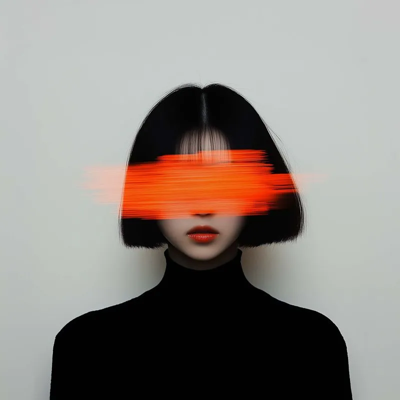 Portrait of a person with short black hair and red lips, their eyes obscured by a horizontal red brushstroke on a light gray background.