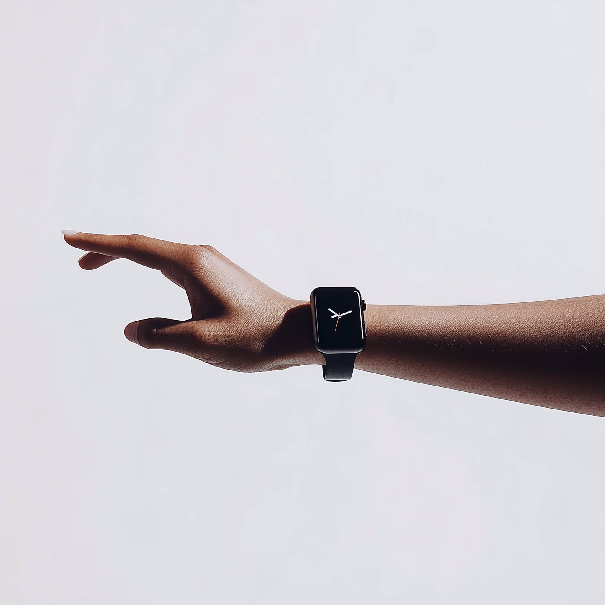 Arm with a black smartwatch showing analog clock face on a light gray background.