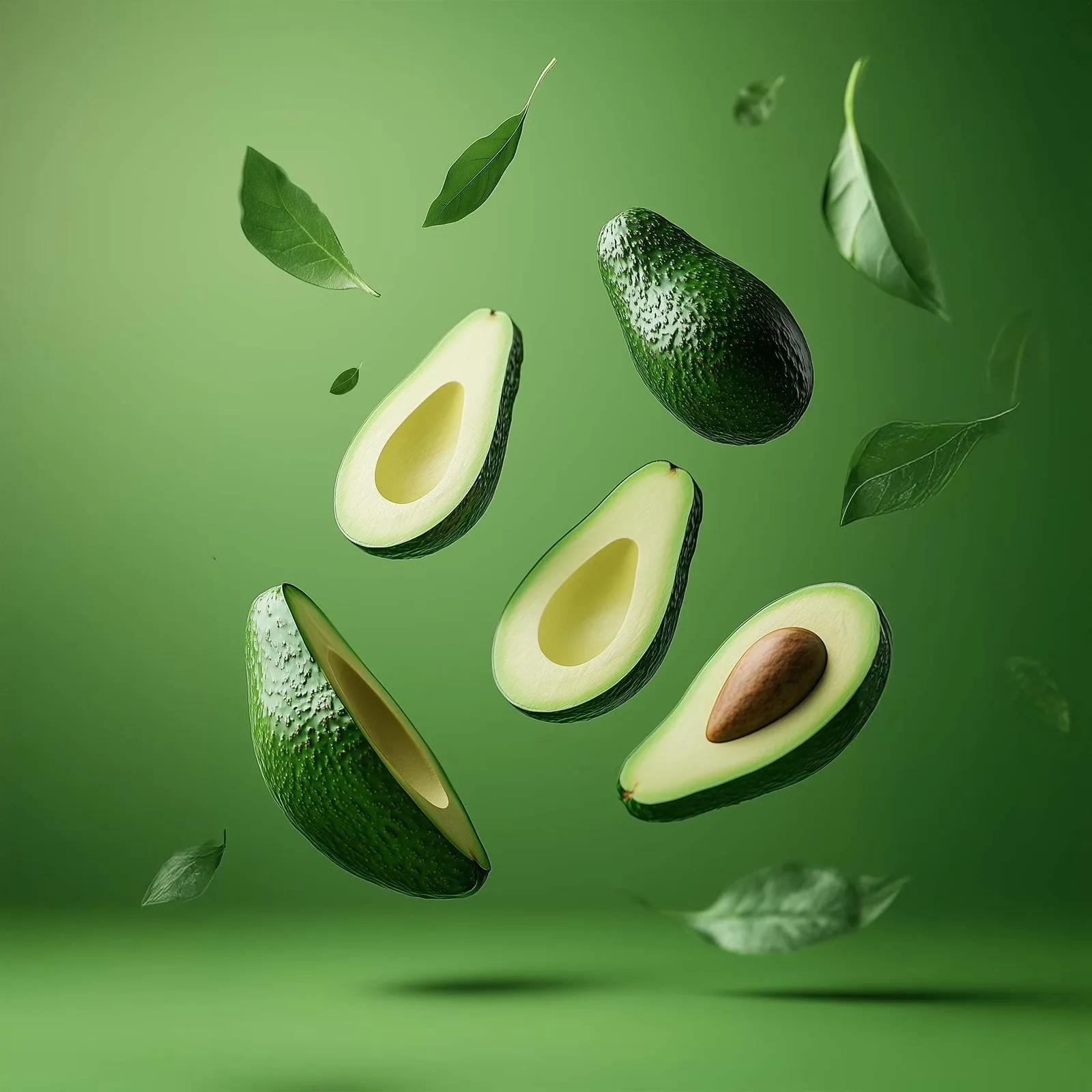 Whole and sliced avocados floating with green leaves on a green background.