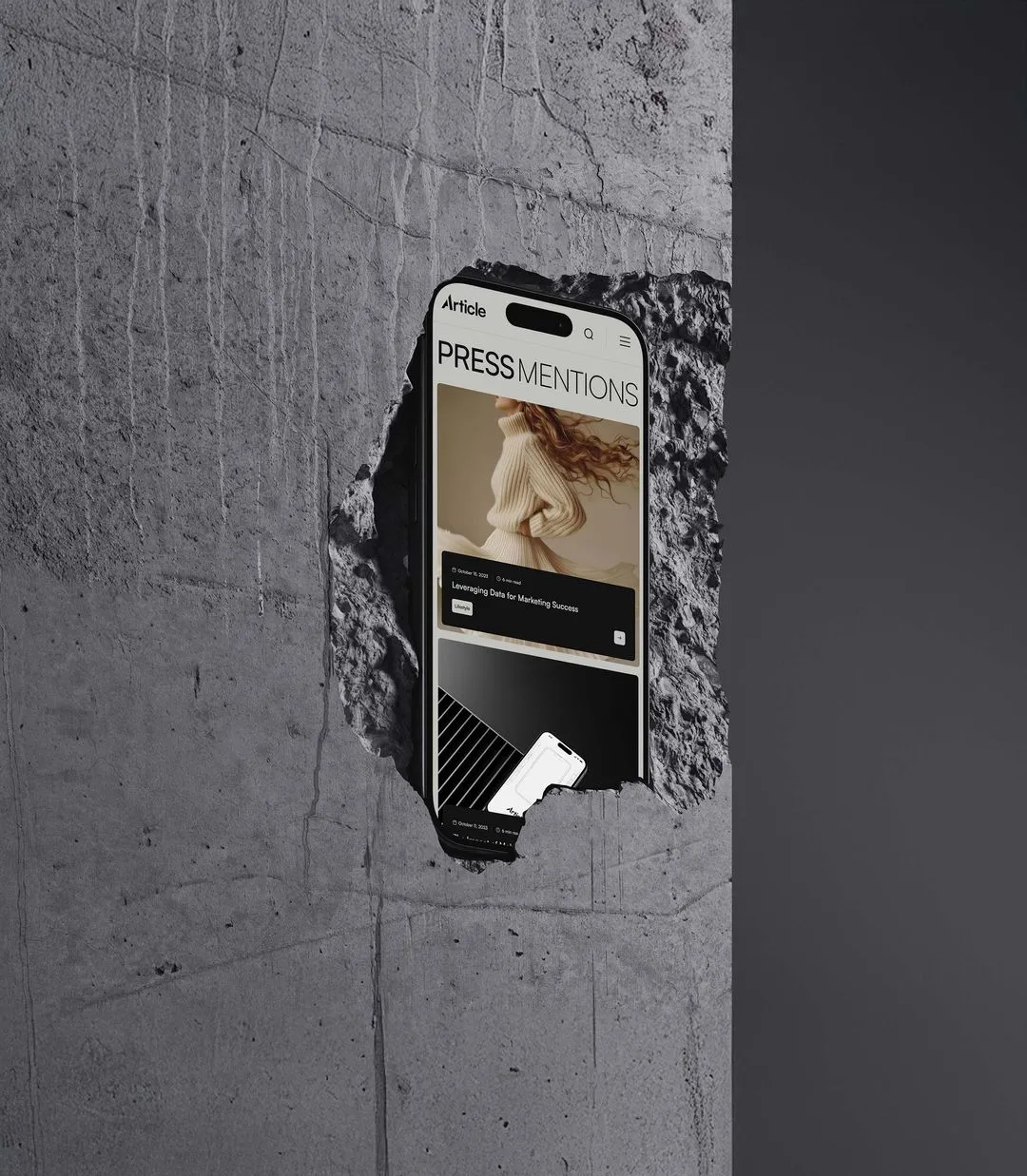 Smartphone embedded in a cracked concrete wall displaying a webpage titled 'PRESS MENTIONS' with an image of a woman in a beige sweater.