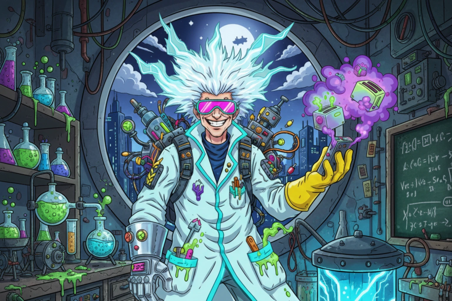 Uncle Glick is Hyperforce 3000’s unpredictable genius — a wandering inventor whose experiments regularly bend physics, probability, and basic kitchen safety.