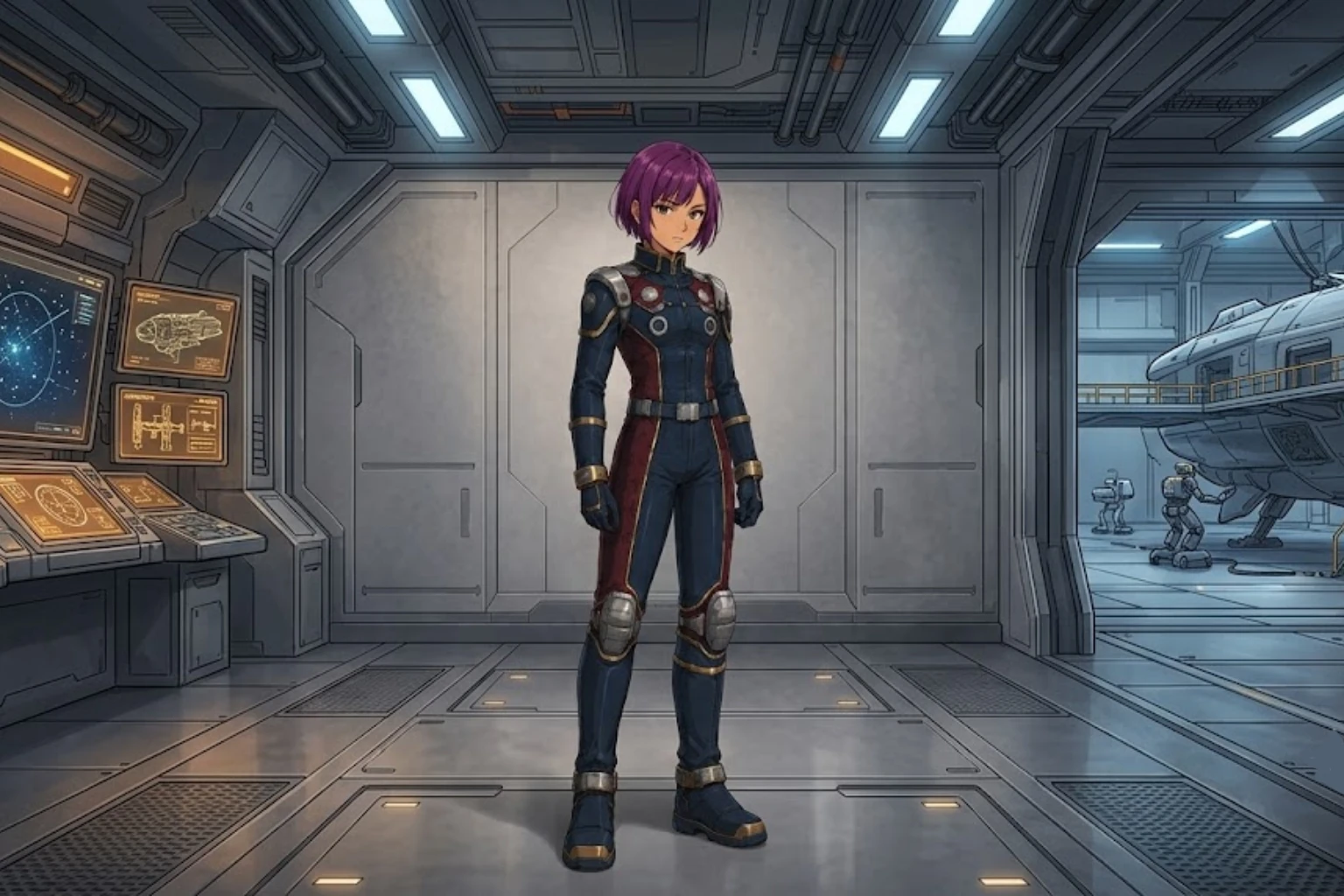 Mei Tachibana is the engineering cadet in Adrift Beyond the Stars, an anime sci-fi story where practical skill may be the only thing keeping the ship alive.