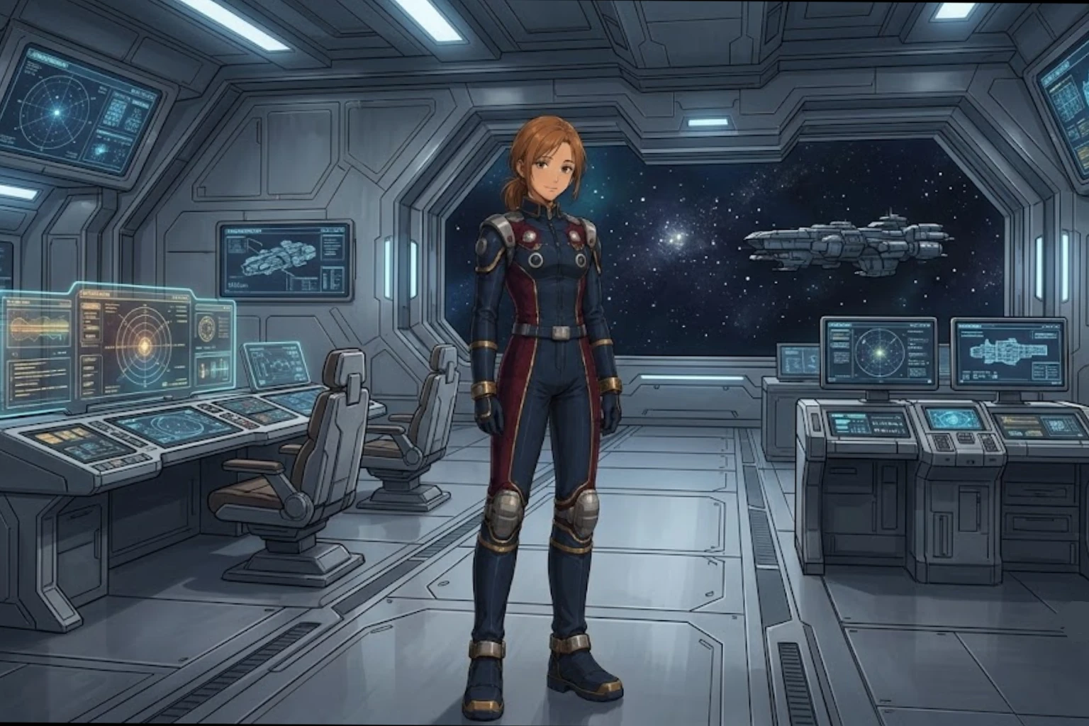 Hana Mizuno is the medical cadet in Adrift Beyond the Stars, an anime sci-fi story where discipline, and steady care help hold the crew together.