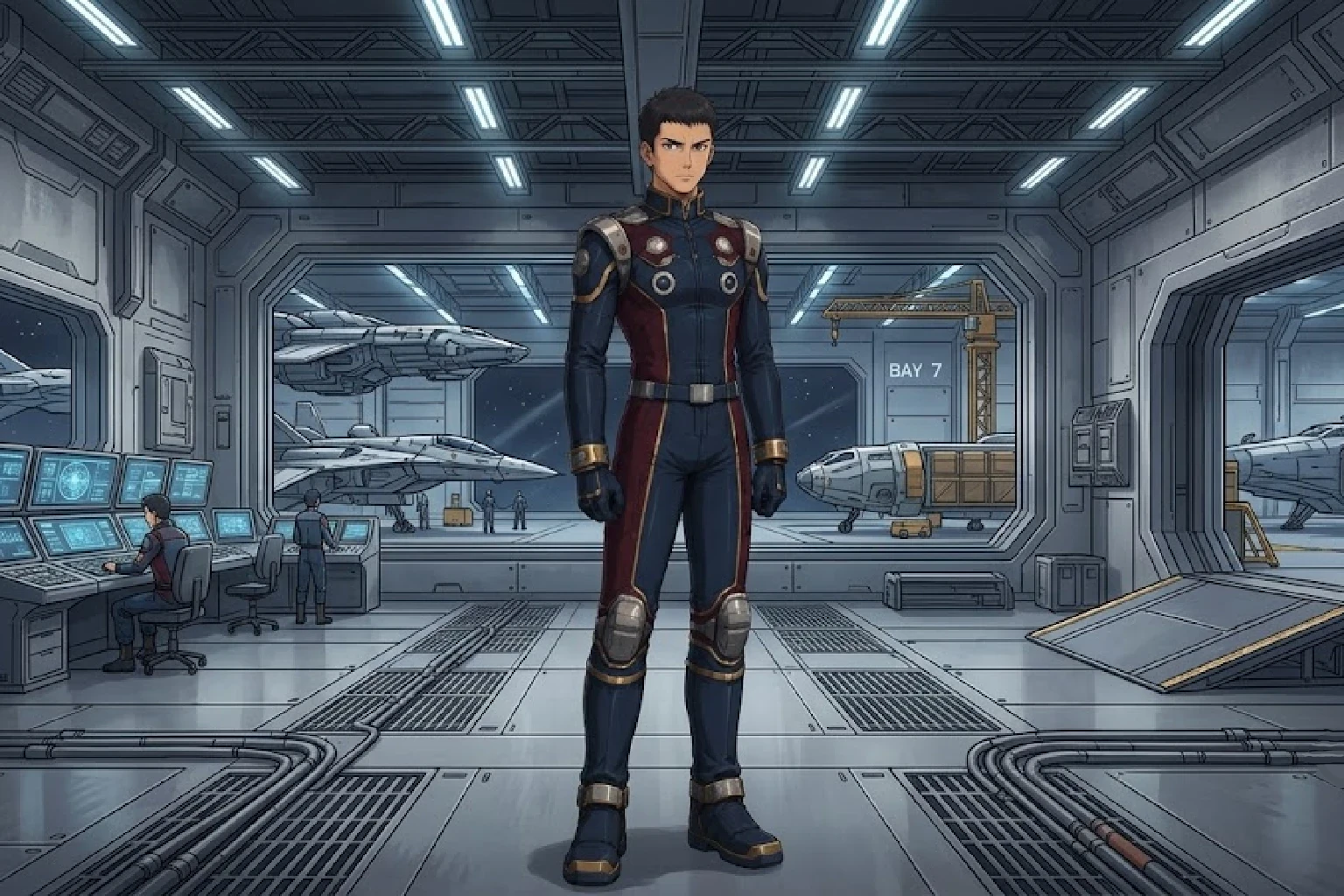 Daigo Arakawa is the security cadet in Adrift Beyond the Stars, an anime sci-fi story where discipline and vigilance may be the crew’s first defense.