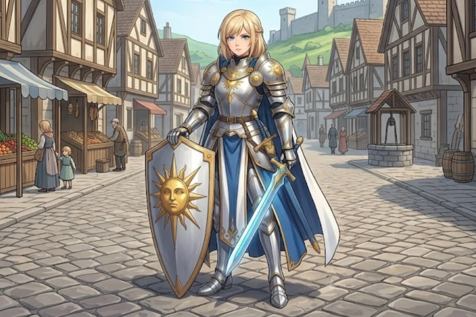 Elara Dawncrest is the human paladin leader of The Ballad of the First Party, an anime RPG fantasy story about forgotten heroes, old roads, and the truth behind the songs.