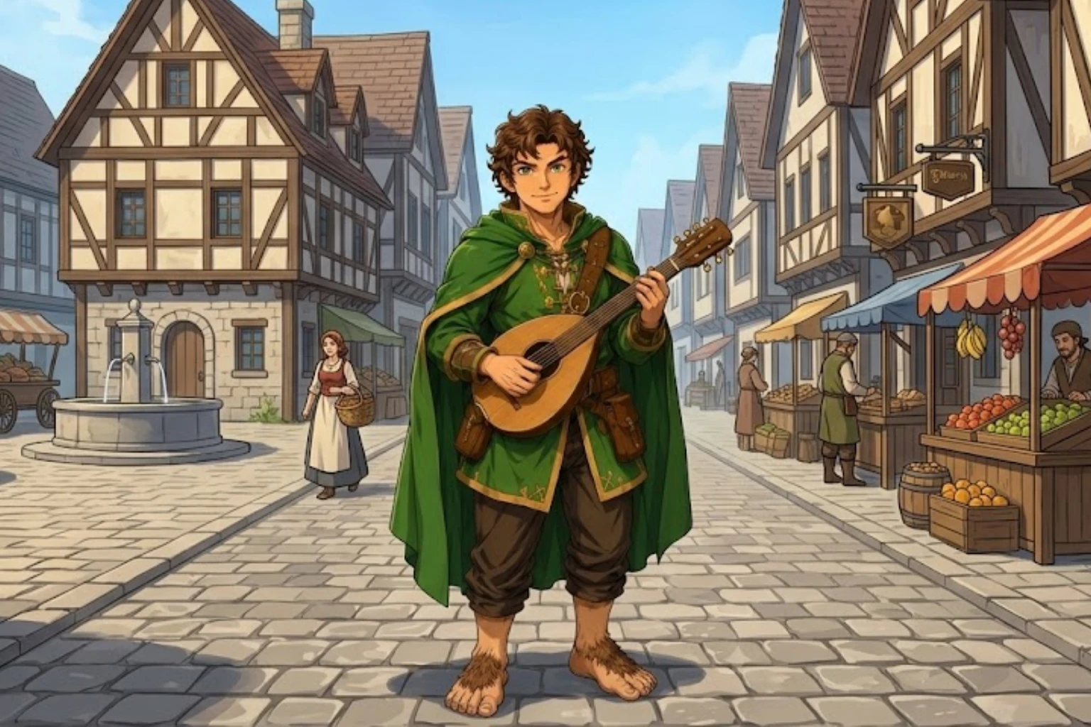 Odo Madsong is the hobbit bard of The Ballad of the First Party, an anime RPG fantasy story where songs carry memory, courage, and truth.